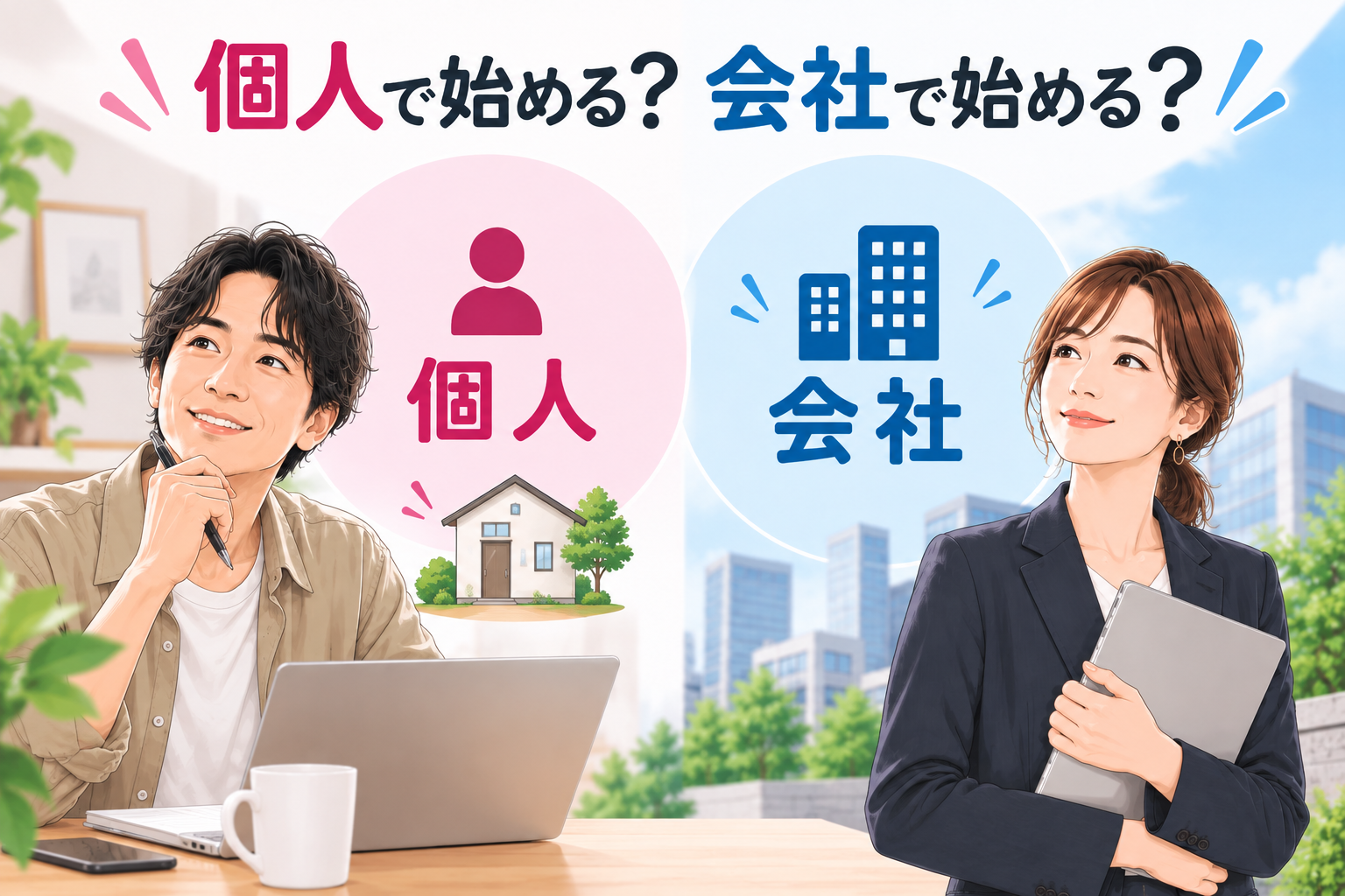 不動産業を個人で始めるか会社で始めるか考えるイメージ