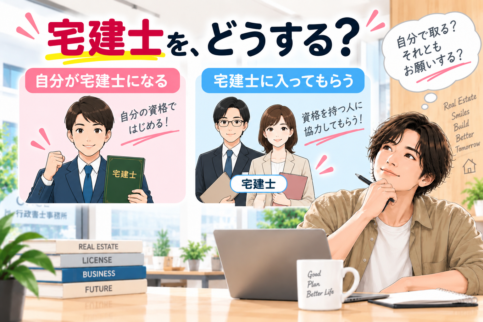 宅建業を始めるために必要な宅建士を決めるイメージ
