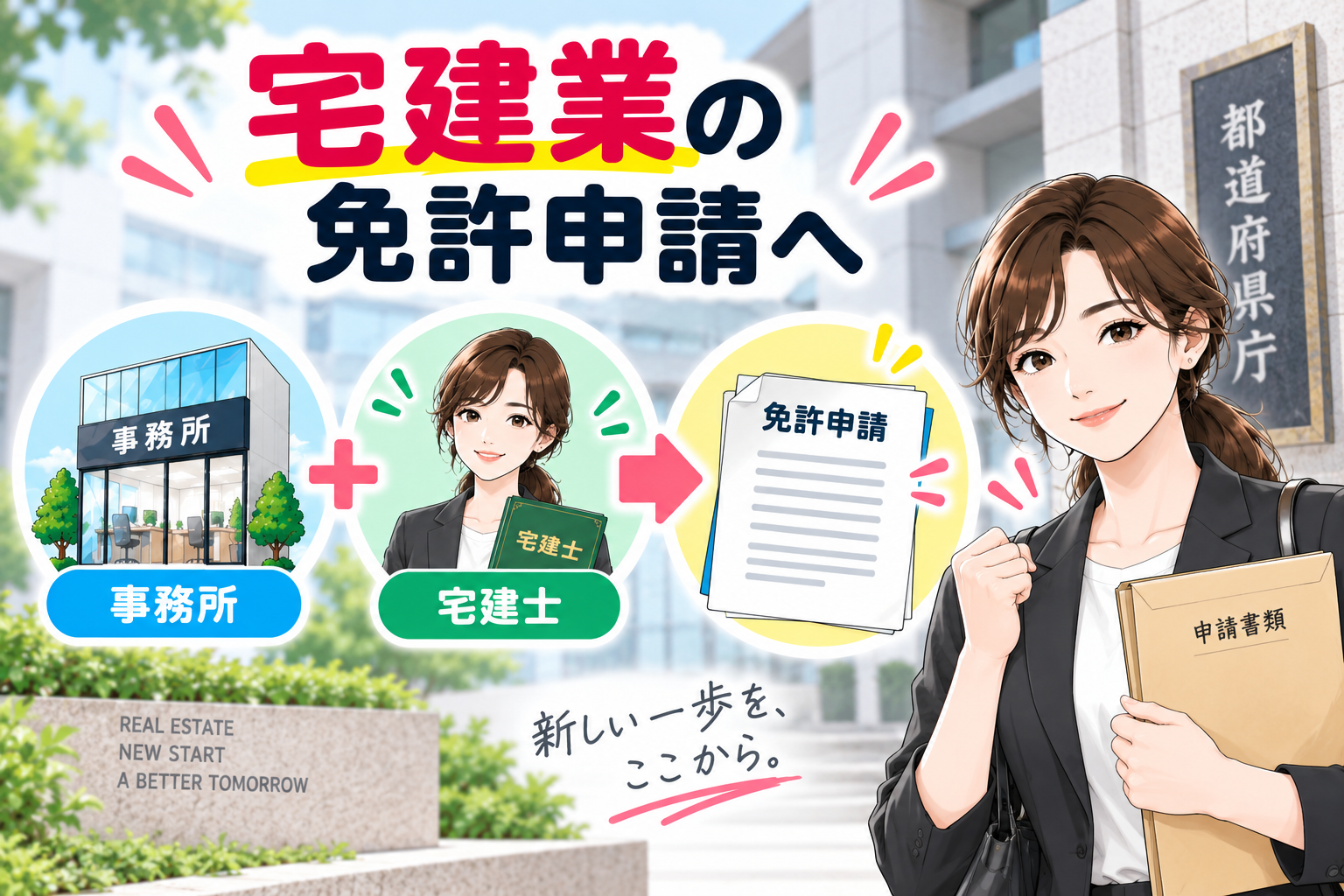 事務所と宅建士の準備を整えて宅建業免許申請へ進むイメージ