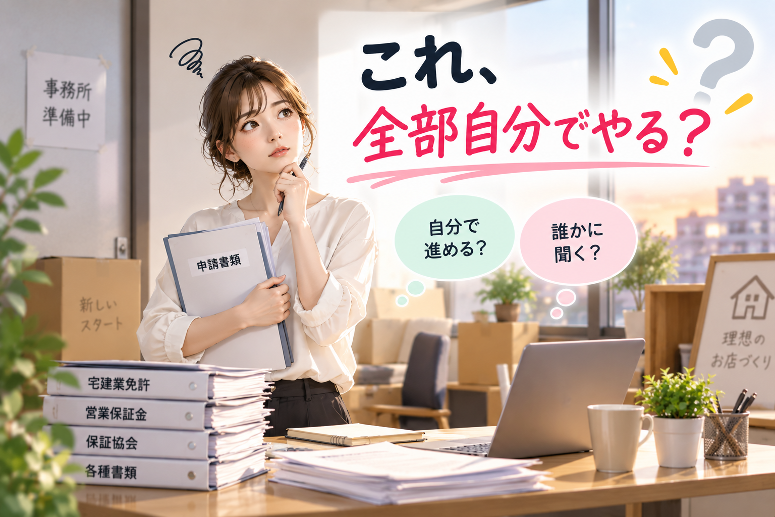 宅建業の開業準備を自分で進めるか相談しながら進めるか考えるイメージ