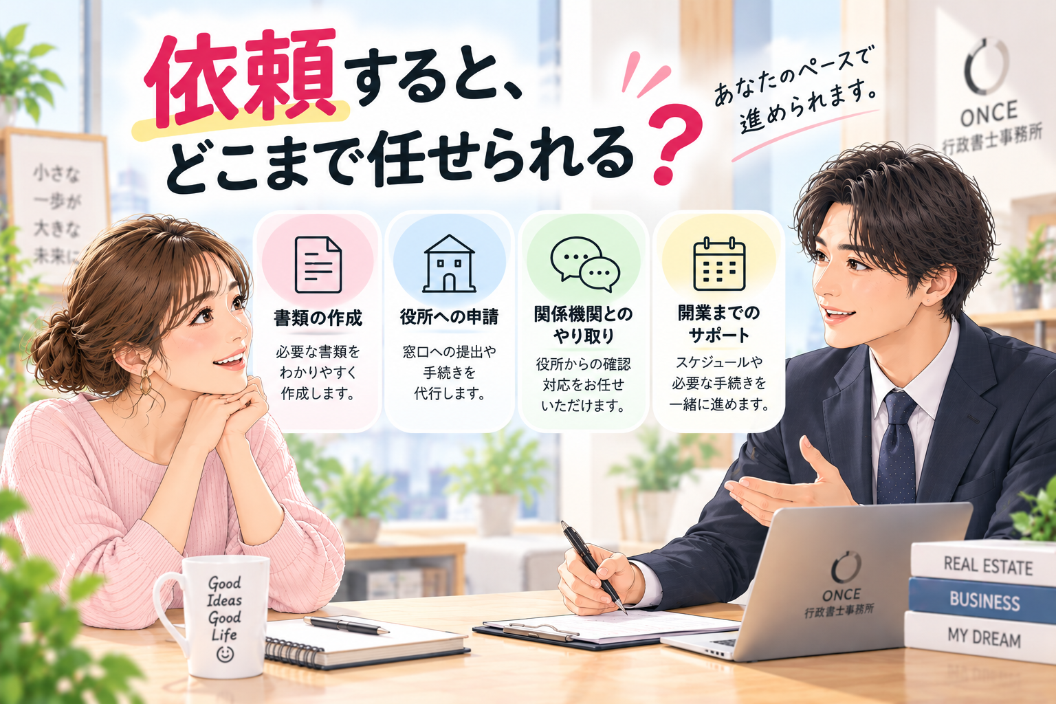 宅建業免許申請を行政書士へ依頼して開業準備を進めるイメージ